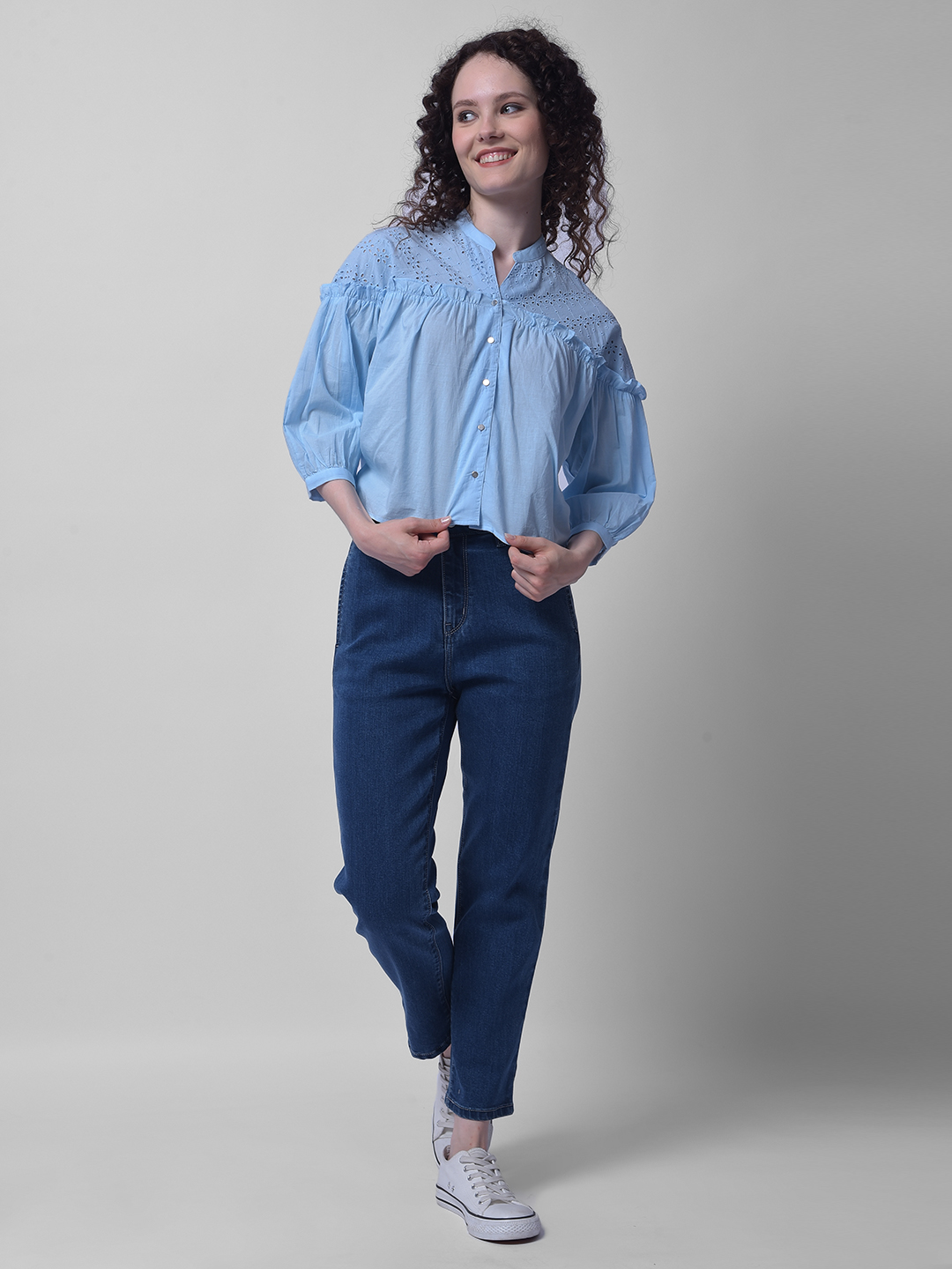 Numero Uno Women Light Blue Eyelet Yoke Cotton Top